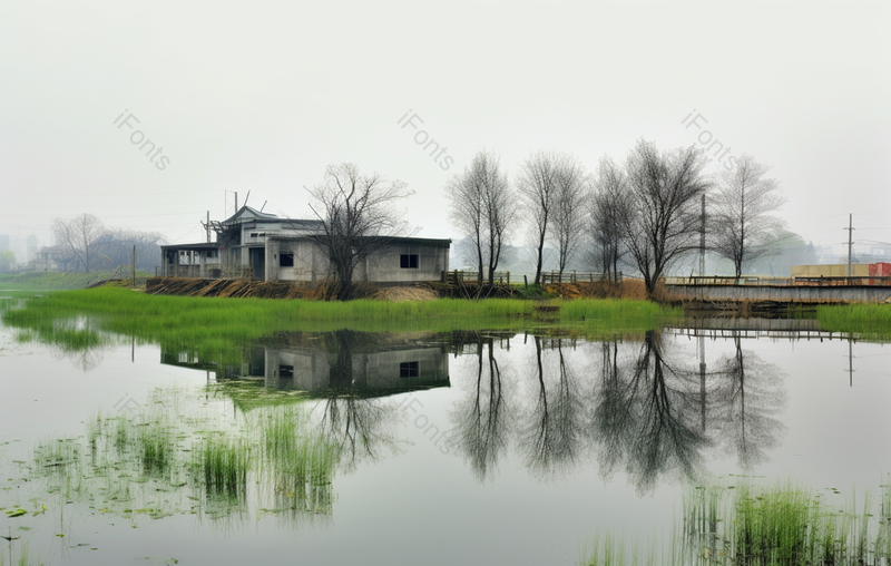 低矮的房子旁边绿色的水草长在河道上与翠绿的树木一起,高清,摄影图,摄影图片,图片大全,摄影图免费下载